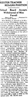 newspaper article about resignation of Exeter teacher, undated